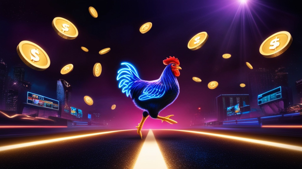 Pollo stilizzato su una strada neon con atmosfera da demo di gioco